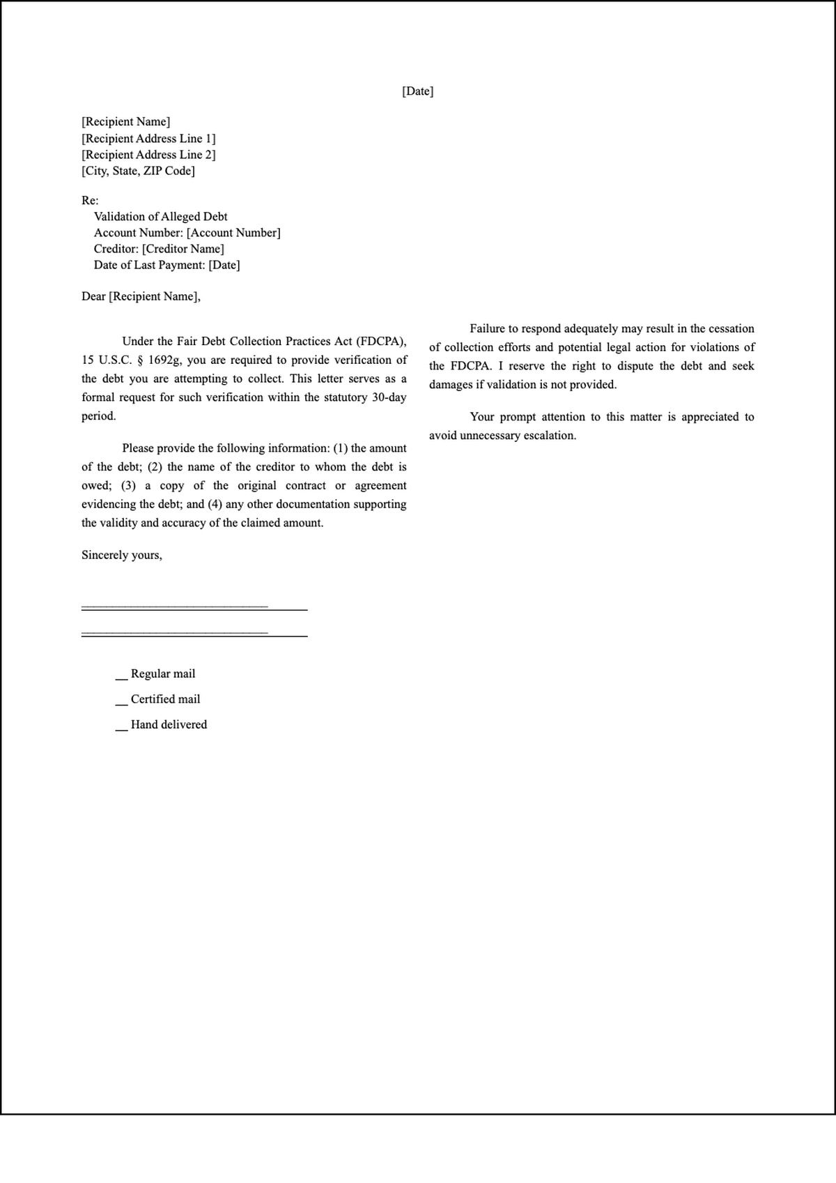 Fair Debt Collection Act foreclosure dispute demand letter template_variant_3